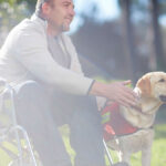 man in a wheelchair with a service dog